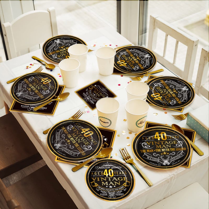 Wiooffen 96 Pcs Vintage 40th Birthday Decorations for Men 40 Years old Paper Plates Napkins Birthday Supplies Back in 1984 Theme Party Tableware Set Cheers to 40 Years Table Party Decor Favors for 24 Guests - Image 5